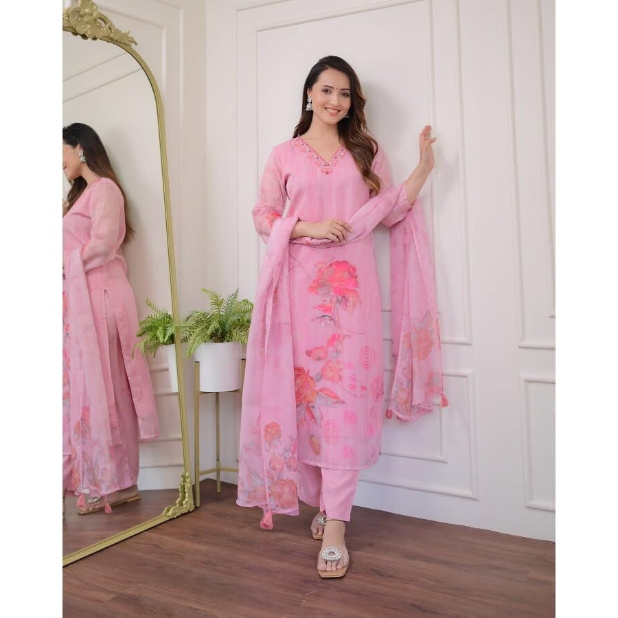 Shiv Textiles Women's Organza Embroidered Kurta Pant Dupatta Set(Jda-Harleen-Pink-S)