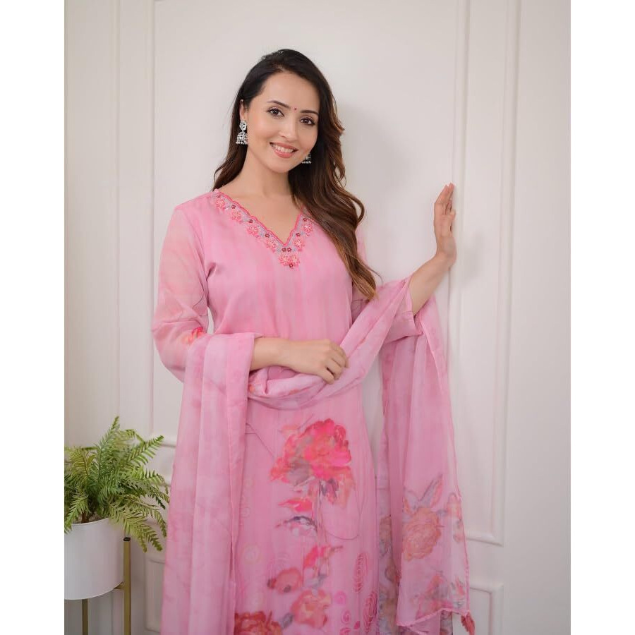 Shiv Textiles Women's Organza Embroidered Kurta Pant Dupatta Set(Jda-Harleen-Pink-S)