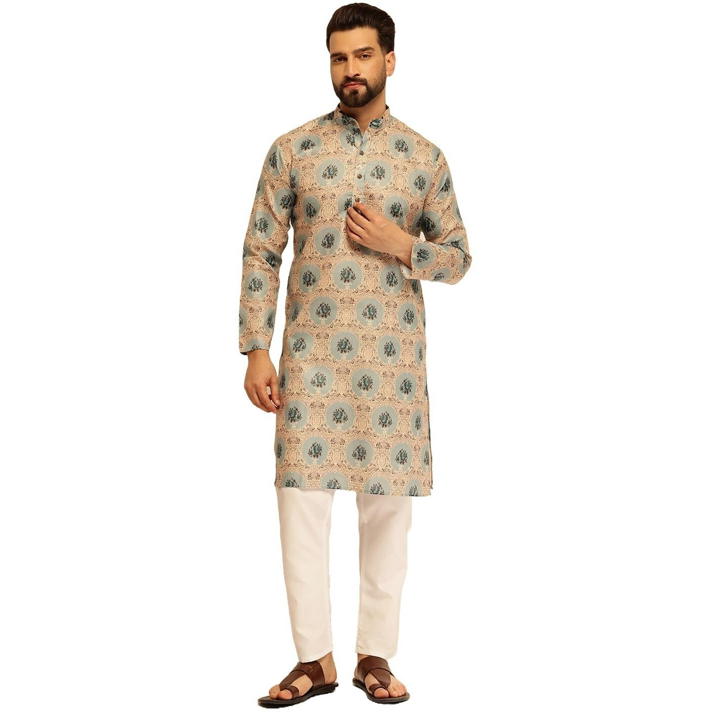 Sojanya (Since 1958 Men's Cotton Linen Motif Bloom Printed Pista Kurta With White Pyjama