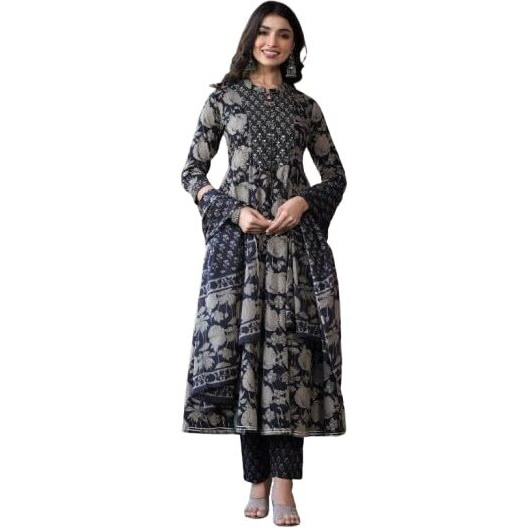Varanga Women Black Mandarin Collar Embellished Yoke Three-Quarter Sleeves Paired With Printed Bottom And Dupatta