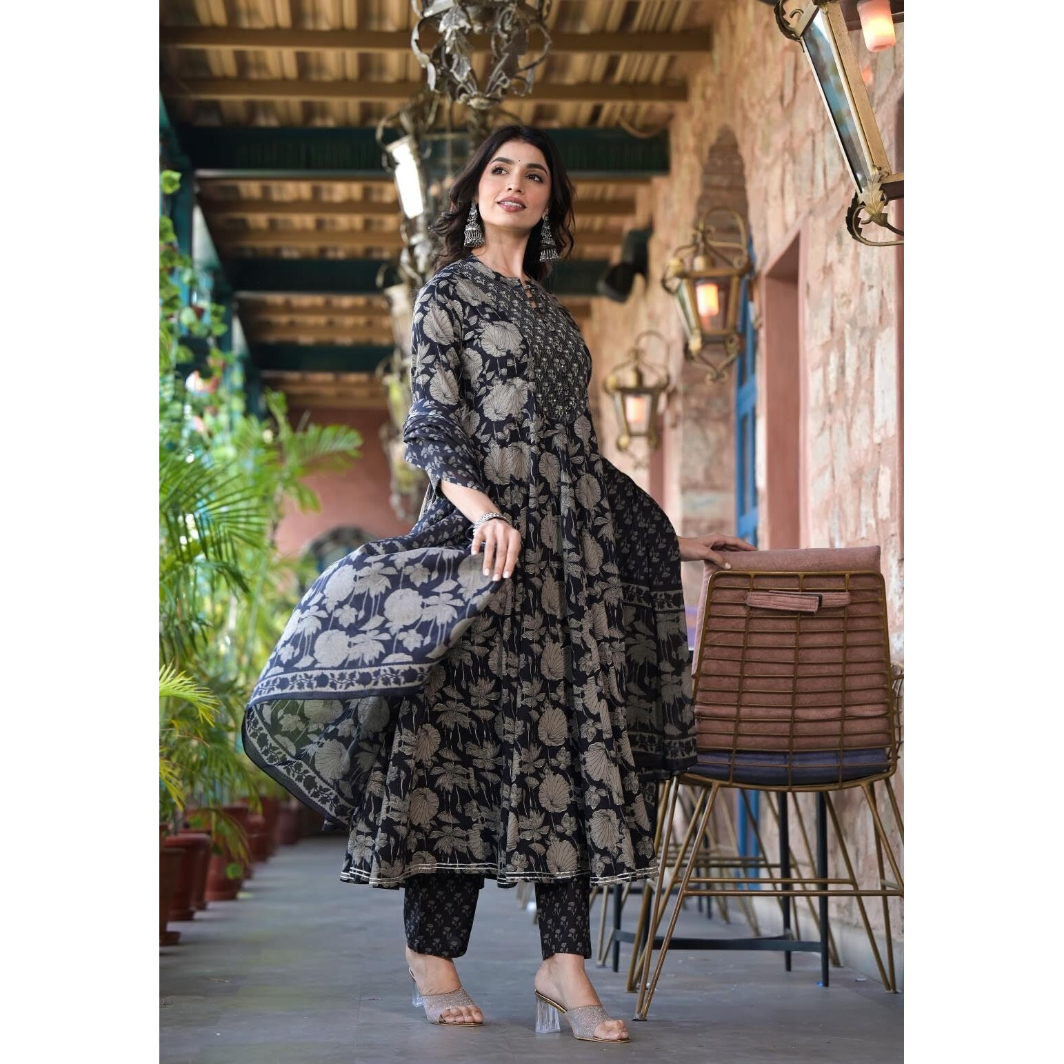 Varanga Women Black Mandarin Collar Embellished Yoke Three-Quarter Sleeves Paired With Printed Bottom And Dupatta
