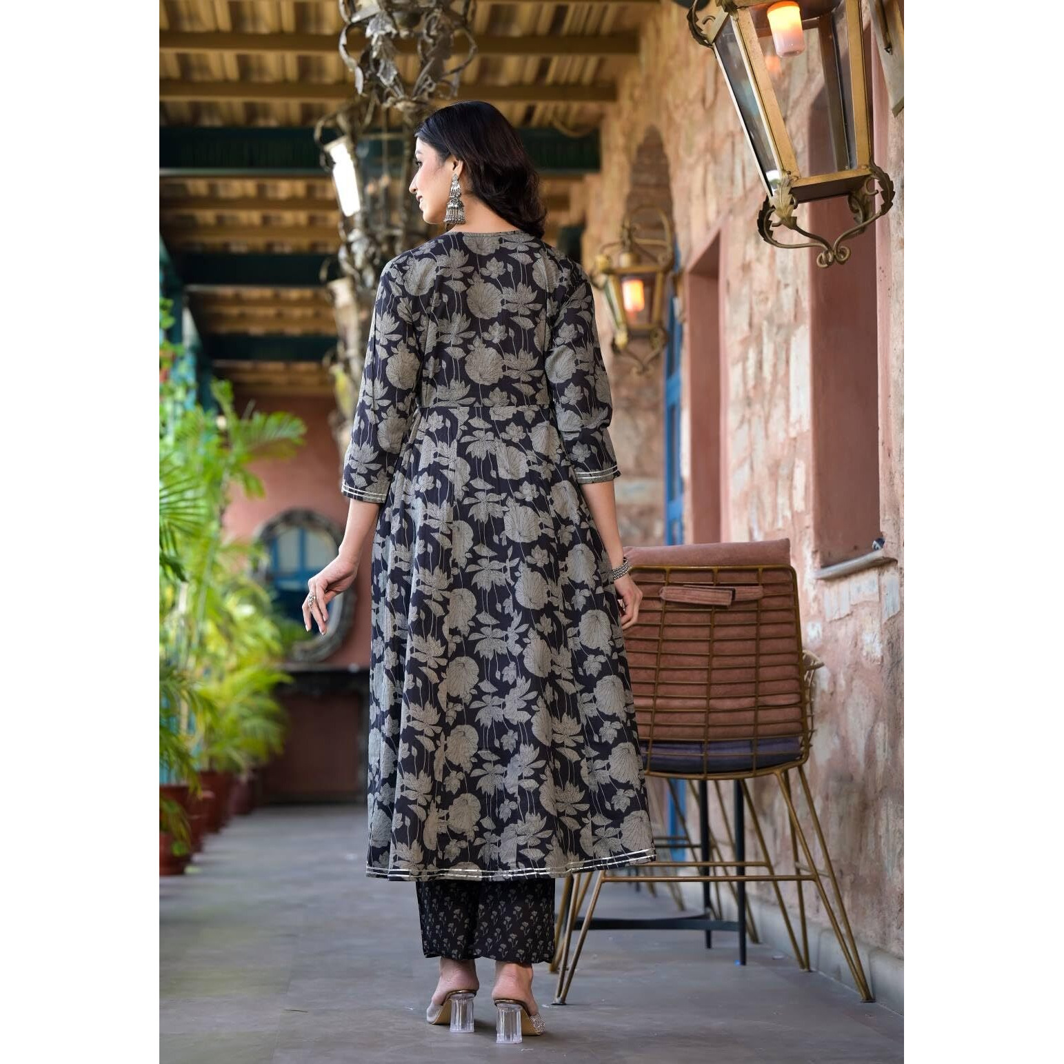 Varanga Women Black Mandarin Collar Embellished Yoke Three-Quarter Sleeves Paired With Printed Bottom And Dupatta