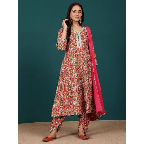 Varanga Women Ethnic Floral Printed Zari & Sequin Lace Anarkali Kurta With Dhoti Trouser & Dupatta