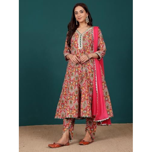 Varanga Women Ethnic Floral Printed Zari & Sequin Lace Anarkali Kurta With Dhoti Trouser & Dupatta