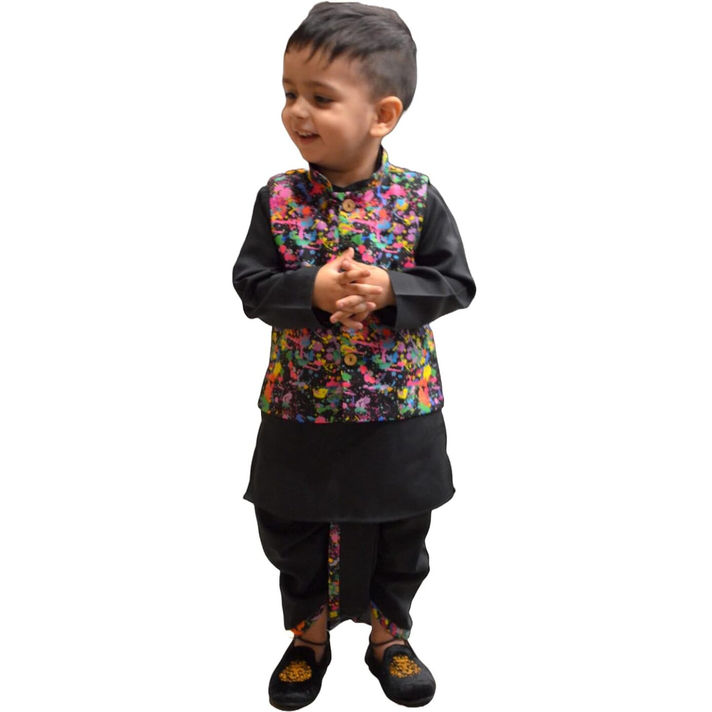 A.T.U.N. (All Things Uber Nice) Boys Black Kurta Dhoti With Splash Printed Nehru Jacket (3 Piece Set)