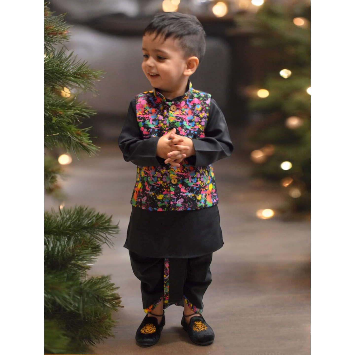 A.T.U.N. (All Things Uber Nice) Boys Black Kurta Dhoti With Splash Printed Nehru Jacket (3 Piece Set)