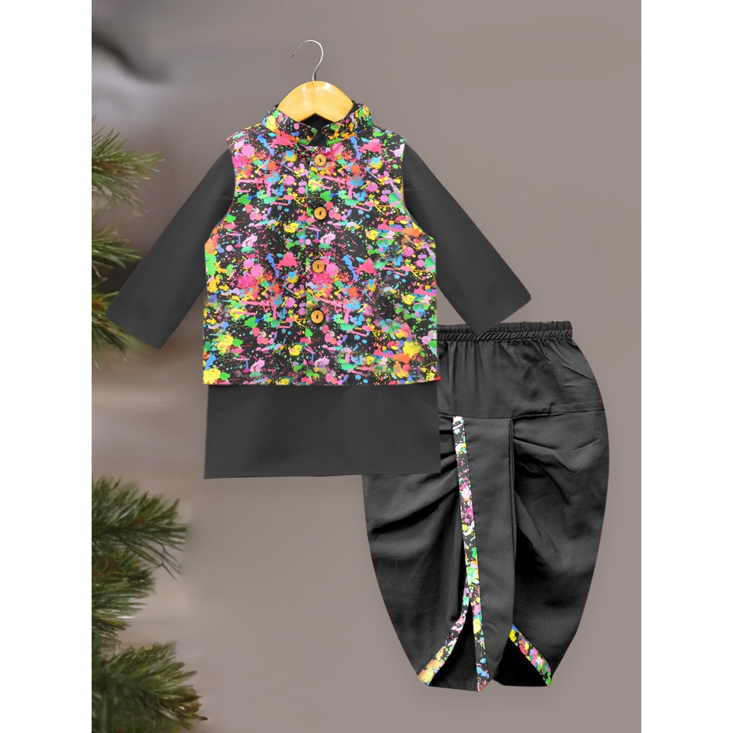A.T.U.N. (All Things Uber Nice) Boys Black Kurta Dhoti With Splash Printed Nehru Jacket (3 Piece Set)