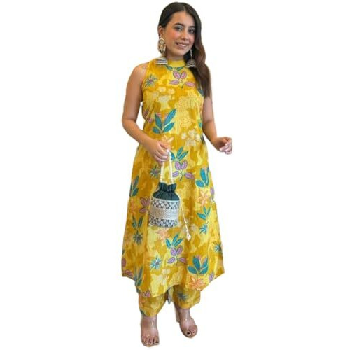 Anni Designer Women's Rayon Viscose Printed Straight Kurta With Palazzo (Izaan Yellow_Xxl_Yellow_Xx-Large)