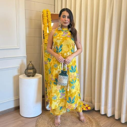 Anni Designer Women's Rayon Viscose Printed Straight Kurta With Palazzo (Izaan Yellow_Xxl_Yellow_Xx-Large)
