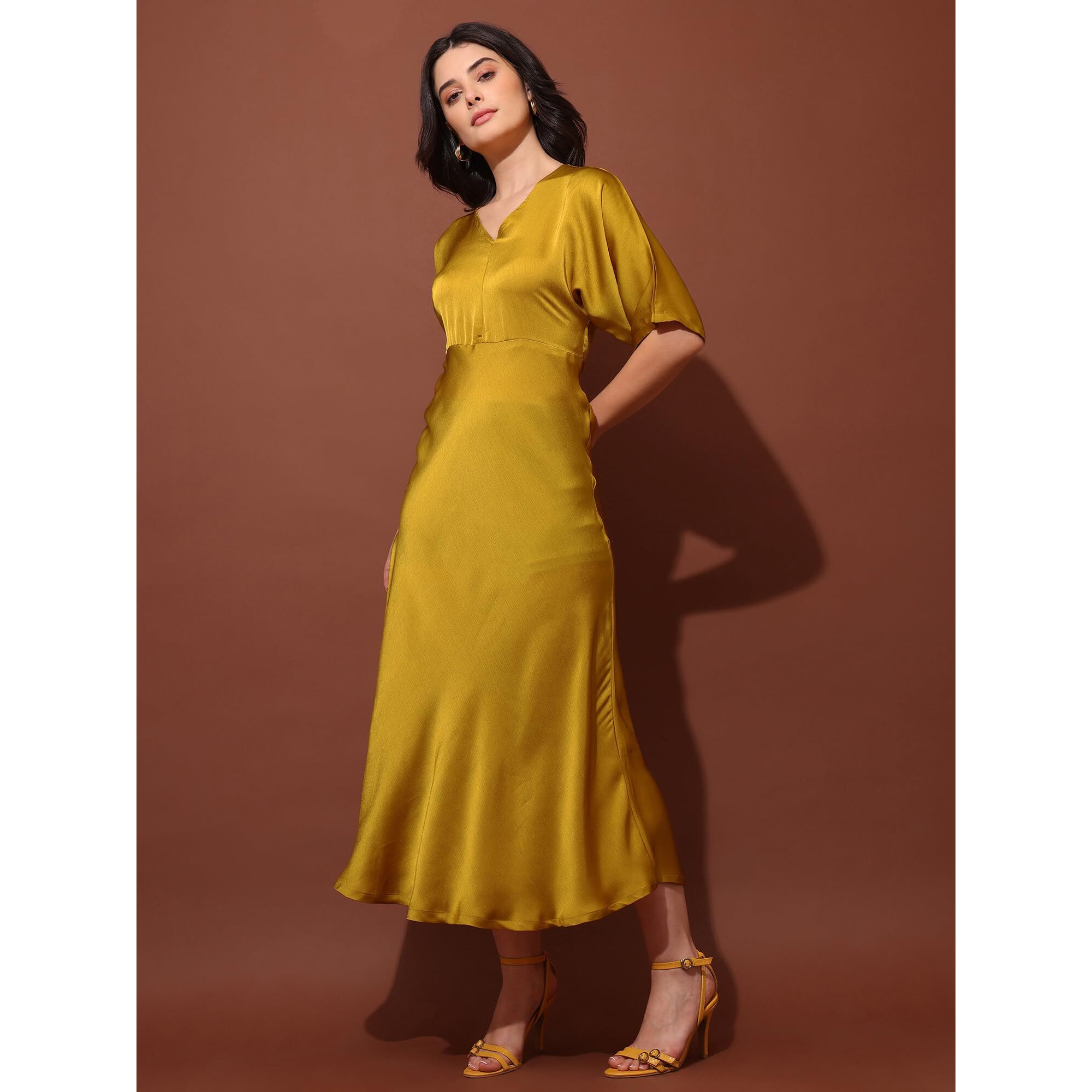 Purvaja Womens V-Neck Silk Maxi Dress (Floe-125-Yellow_Medium)
