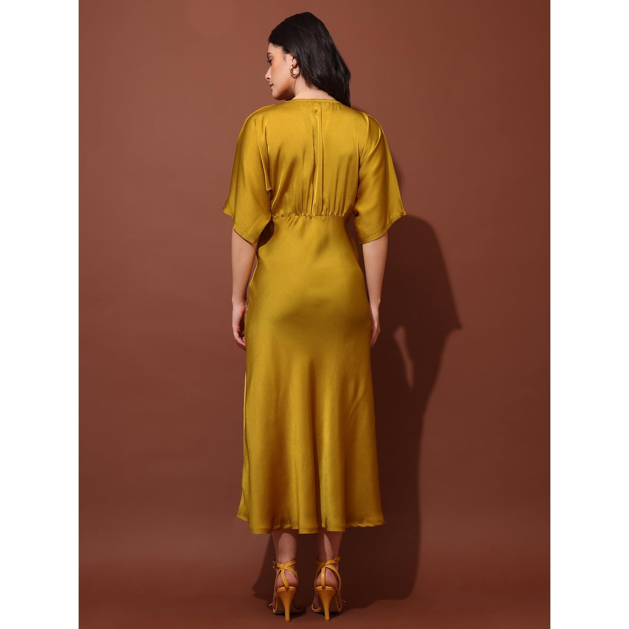 Purvaja Womens V-Neck Silk Maxi Dress (Floe-125-Yellow_Medium)