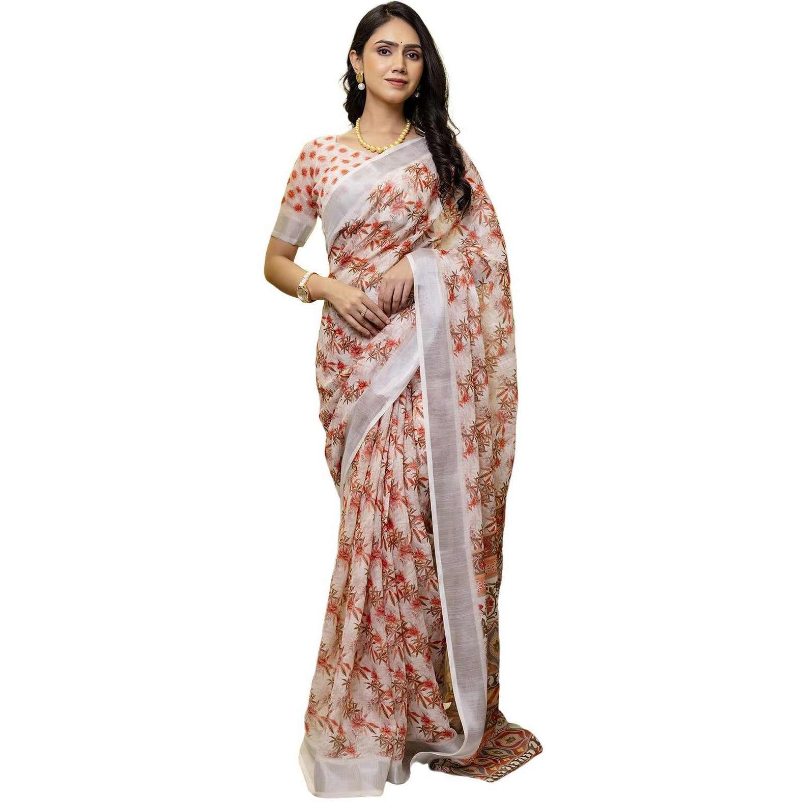 Satrani Women's Linen Printed & Zari Border Ready To Wear Saree With Unstitched Blouse Piece (53Rs121_White & Red)