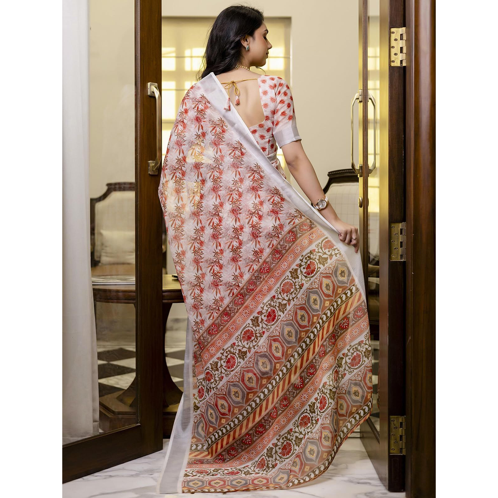 Satrani Women's Linen Printed & Zari Border Ready To Wear Saree With Unstitched Blouse Piece (53Rs121_White & Red)