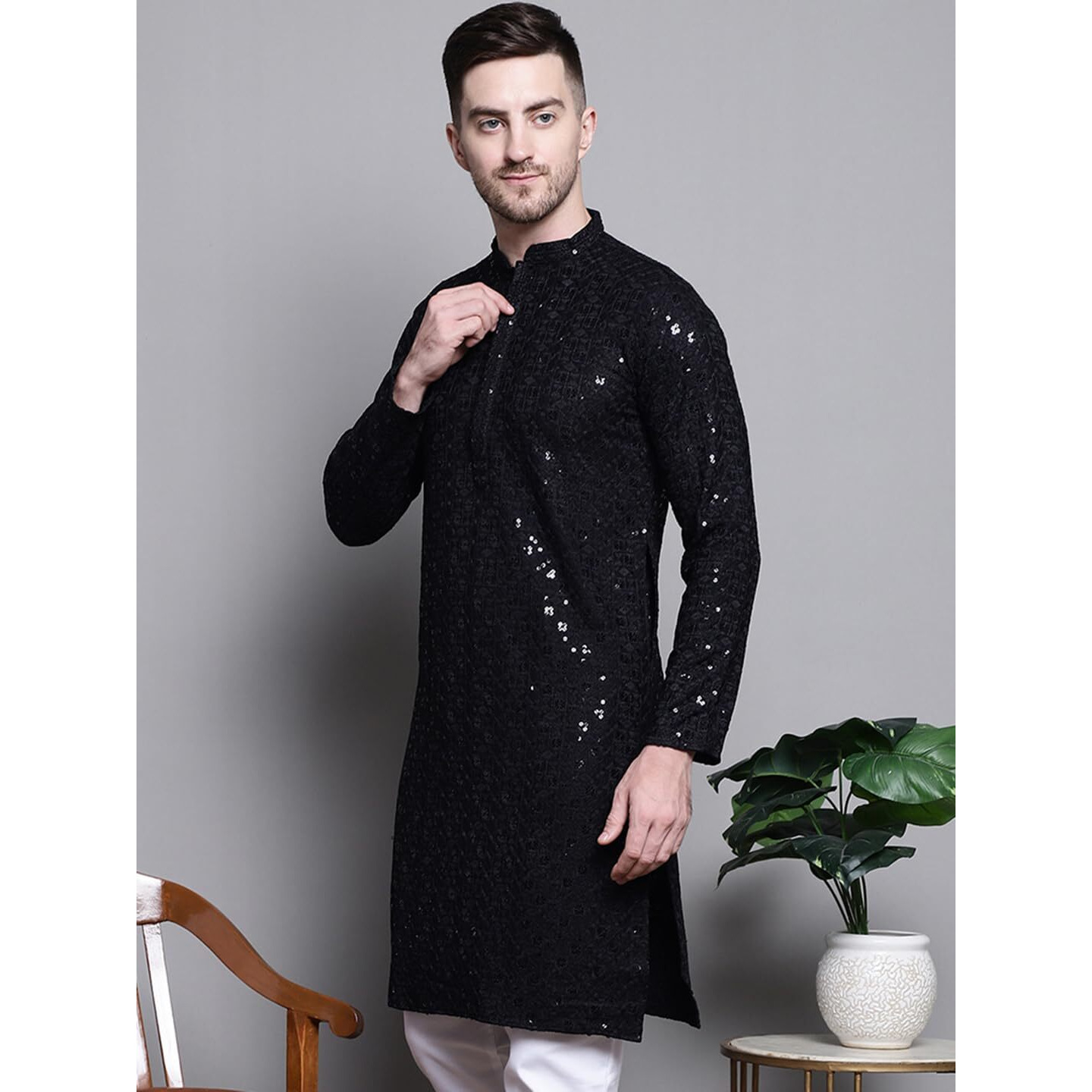 Jompers Men's Sequin Embroidered Pure Cotton Kurtas (Black, S)