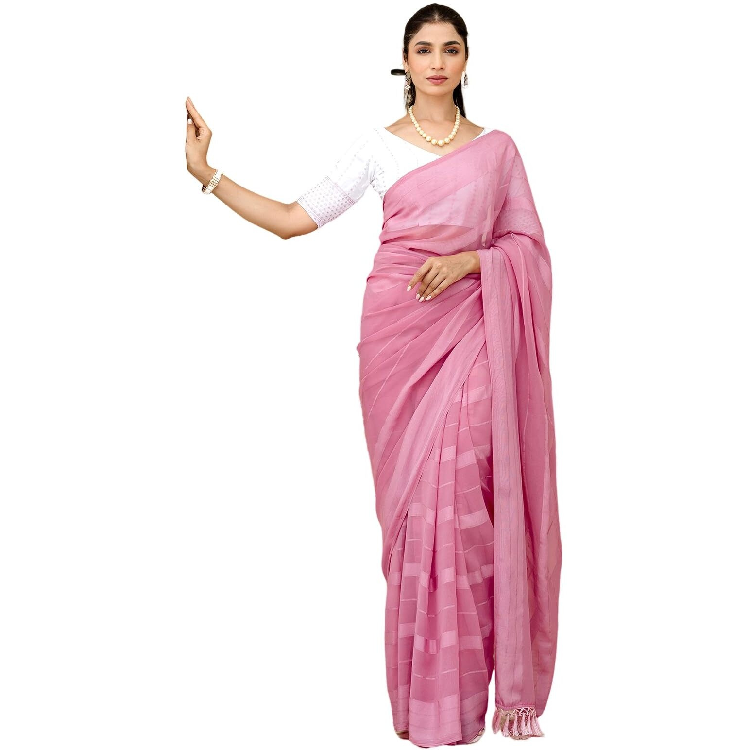 Satrani Women's Georgette Self Woven Stripe Saree With Unstitched Blouse Piece (4421S326N_Light Pink)
