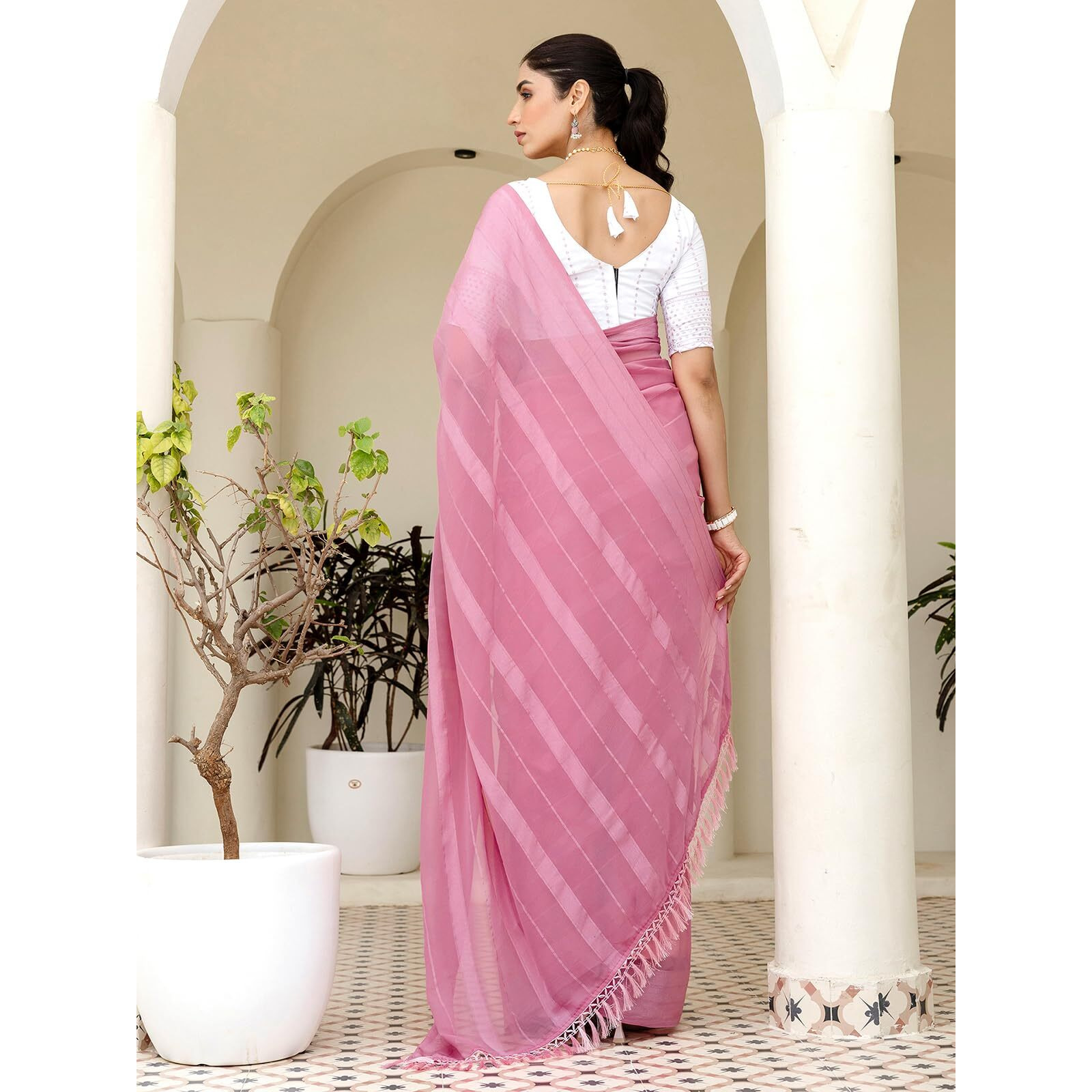 Satrani Women's Georgette Self Woven Stripe Saree With Unstitched Blouse Piece (4421S326N_Light Pink)