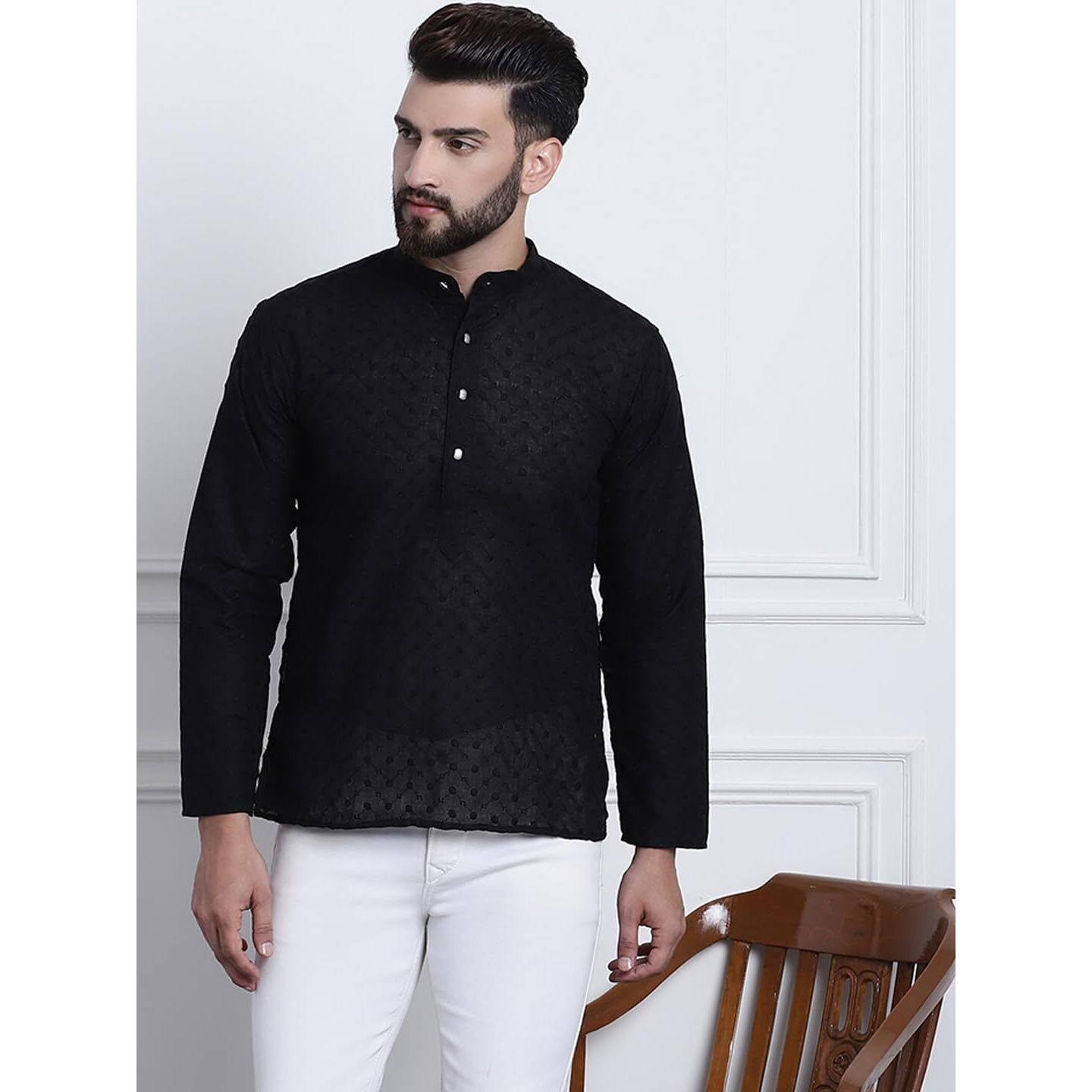 Sojanya (Since 1958, Mens Cotton Black Color Chikankari Only Short Kurta
