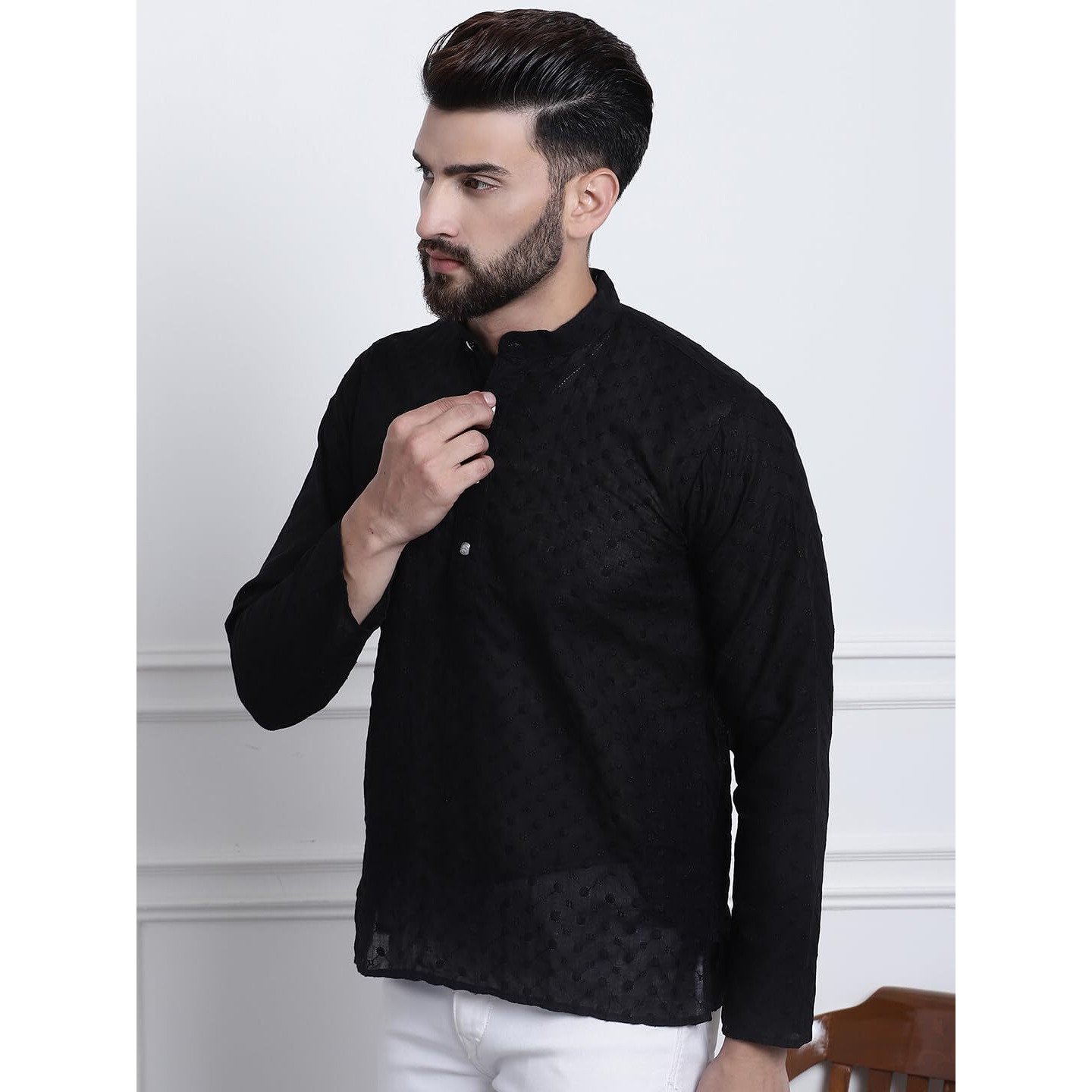Sojanya (Since 1958, Mens Cotton Black Color Chikankari Only Short Kurta