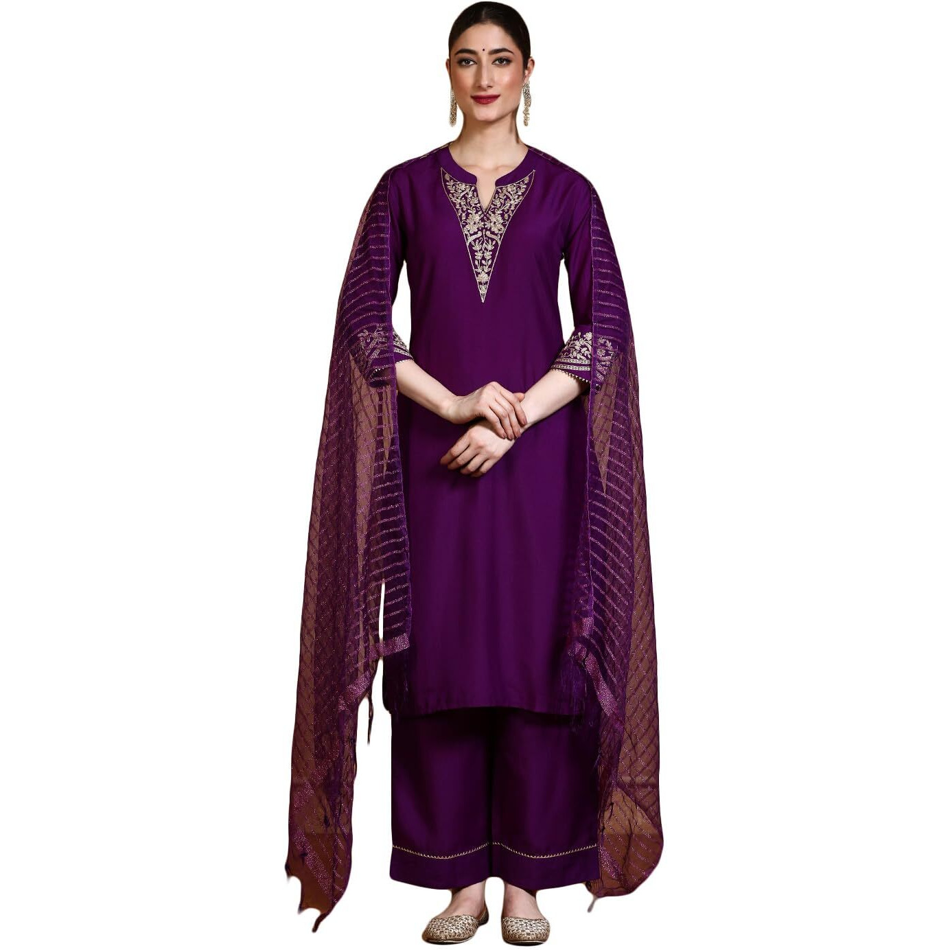 Varanga Zari Embroidered Neck Kurta With Trouser And Dupatta.