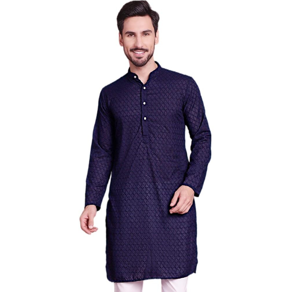 Jompers Chikankari Pure Cotton Kurtas For Men (Navy, M)