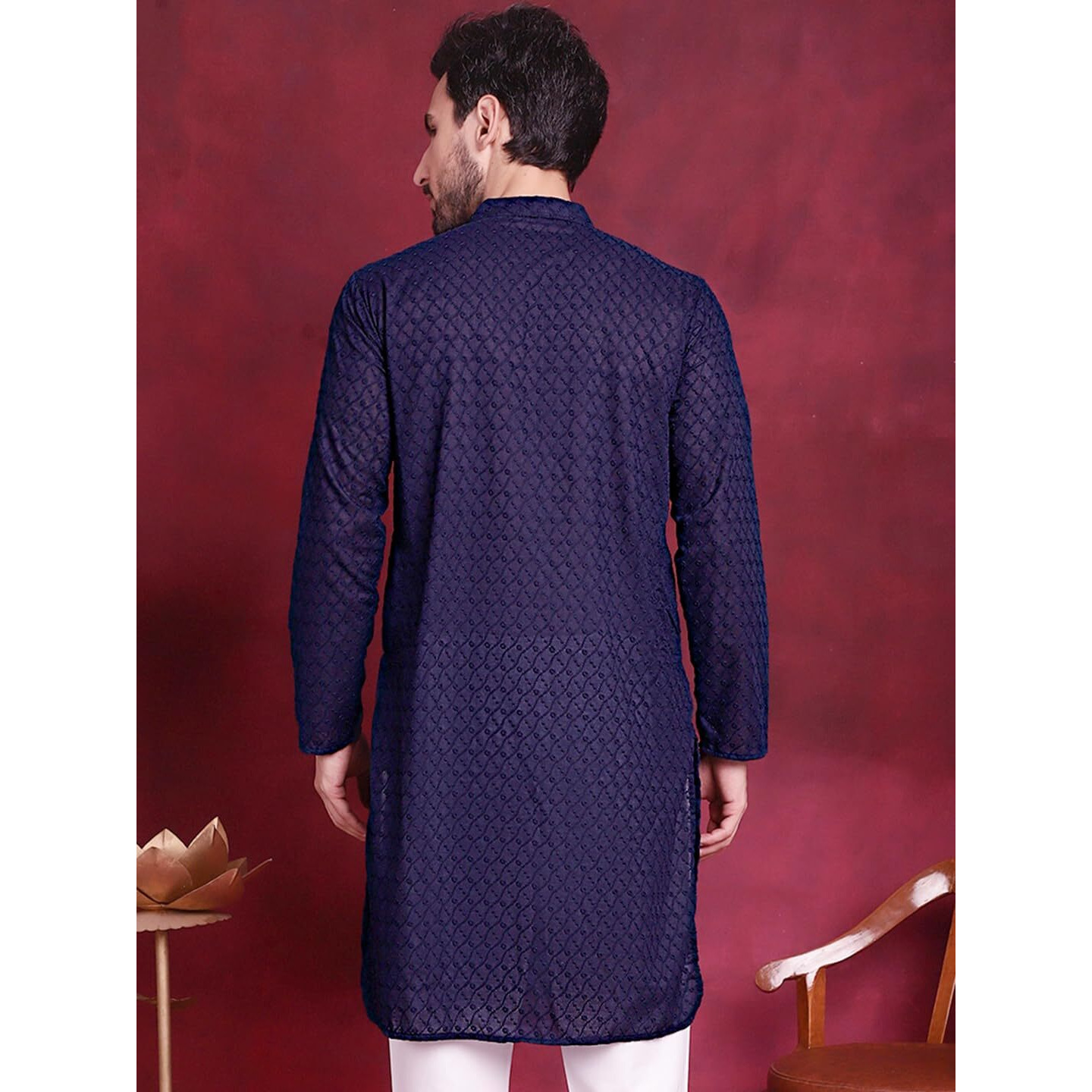 Jompers Chikankari Pure Cotton Kurtas For Men (Navy, M)