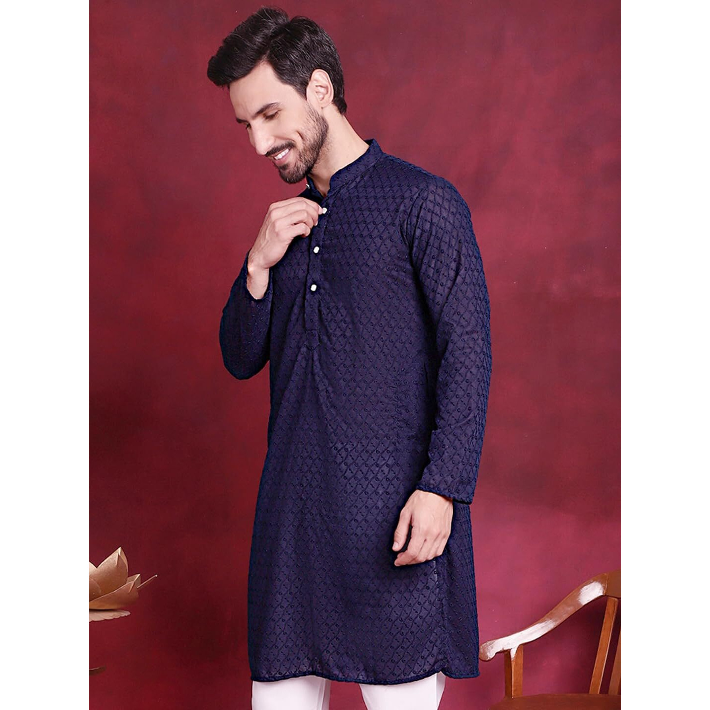 Jompers Chikankari Pure Cotton Kurtas For Men (Navy, M)