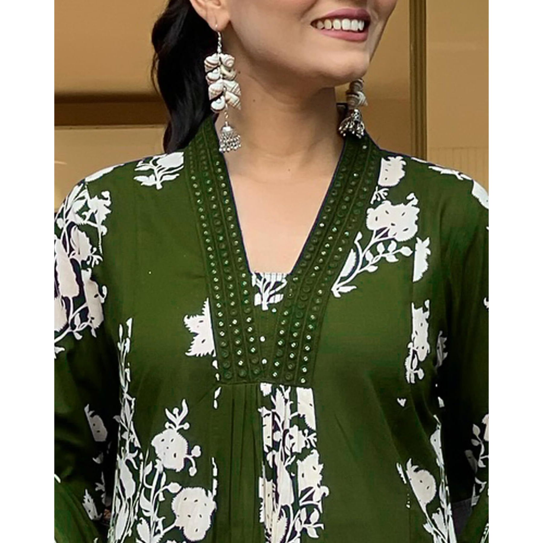 Toochki Women's Rayon Viscose Anarkali Printed Kurta With Palazzo & Dupatta Olive Green Color