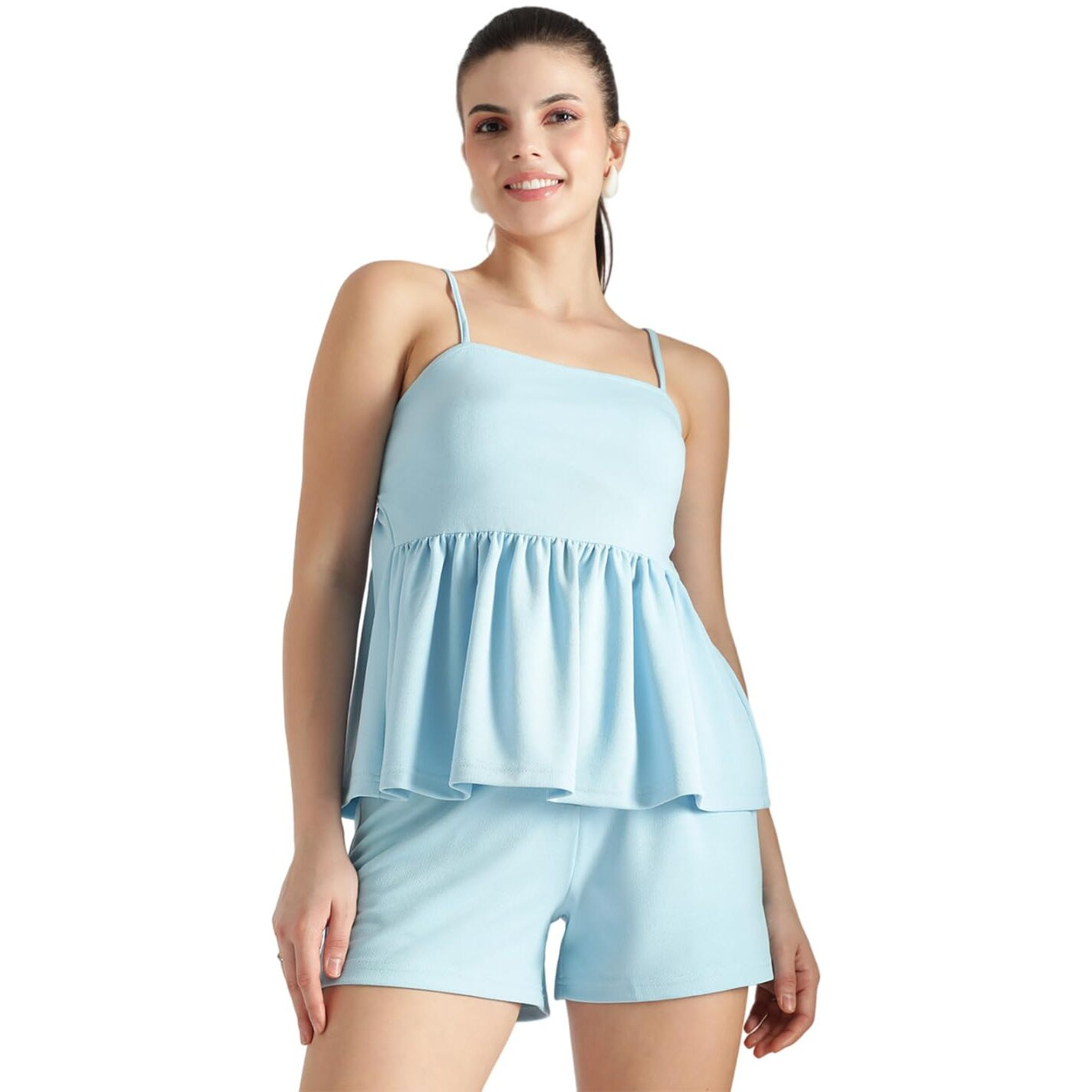 Kotty Women's Shoulder Straps Peplum Top With Shorts(Blue,M)