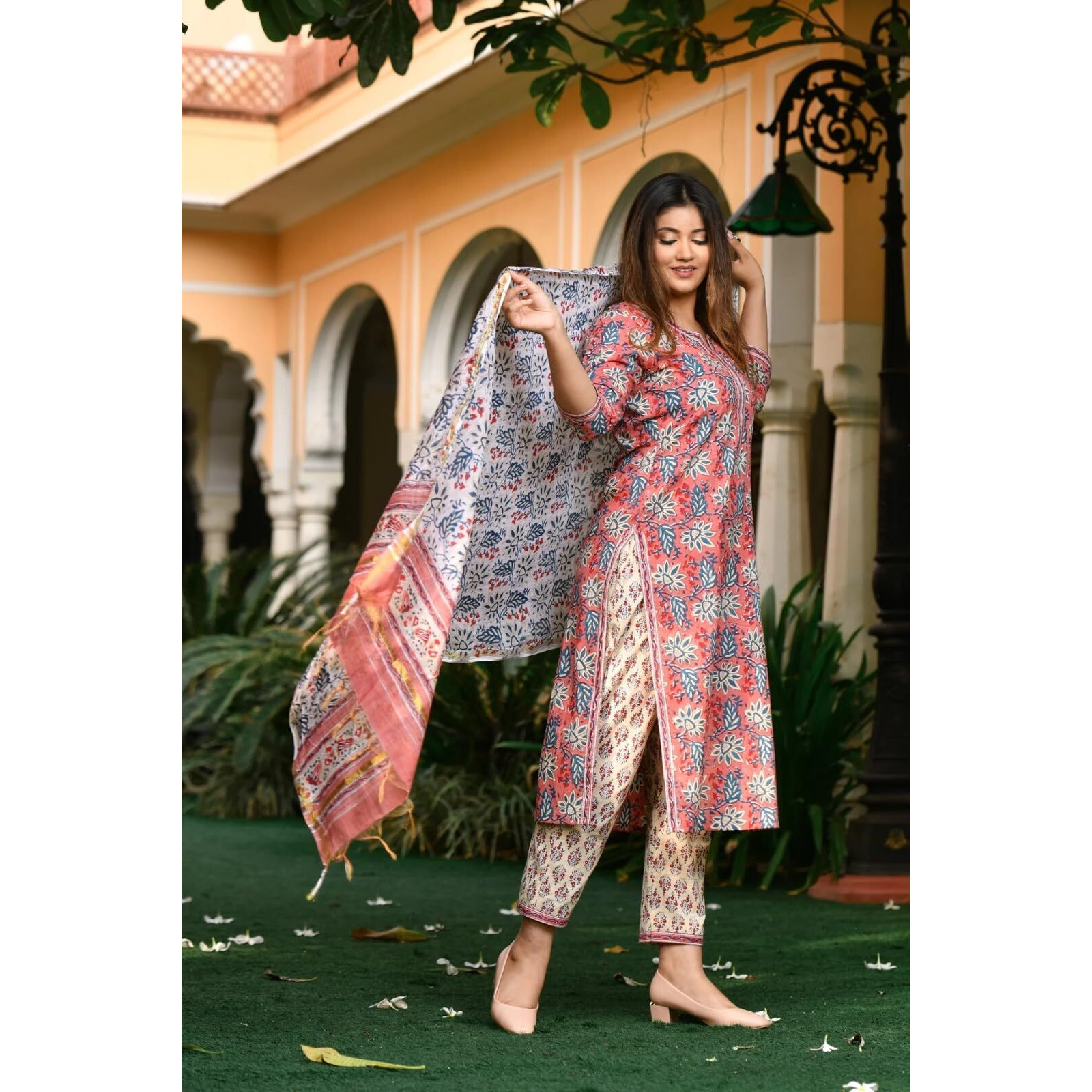 Leriya Fashion Cotton Kurta Set With Dupatta For Women (Xx-Large, Peach)