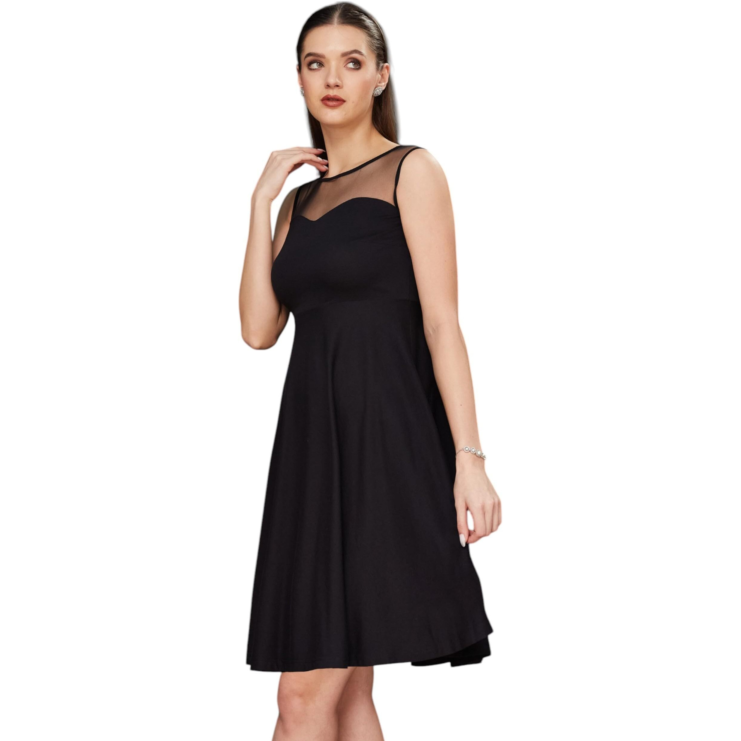 Miss Chase Women's Round Neck Sleeveless Back Cut Out Bow Mini Skater Dress (Mcss25D93-21-380-05, Jet Black, L)