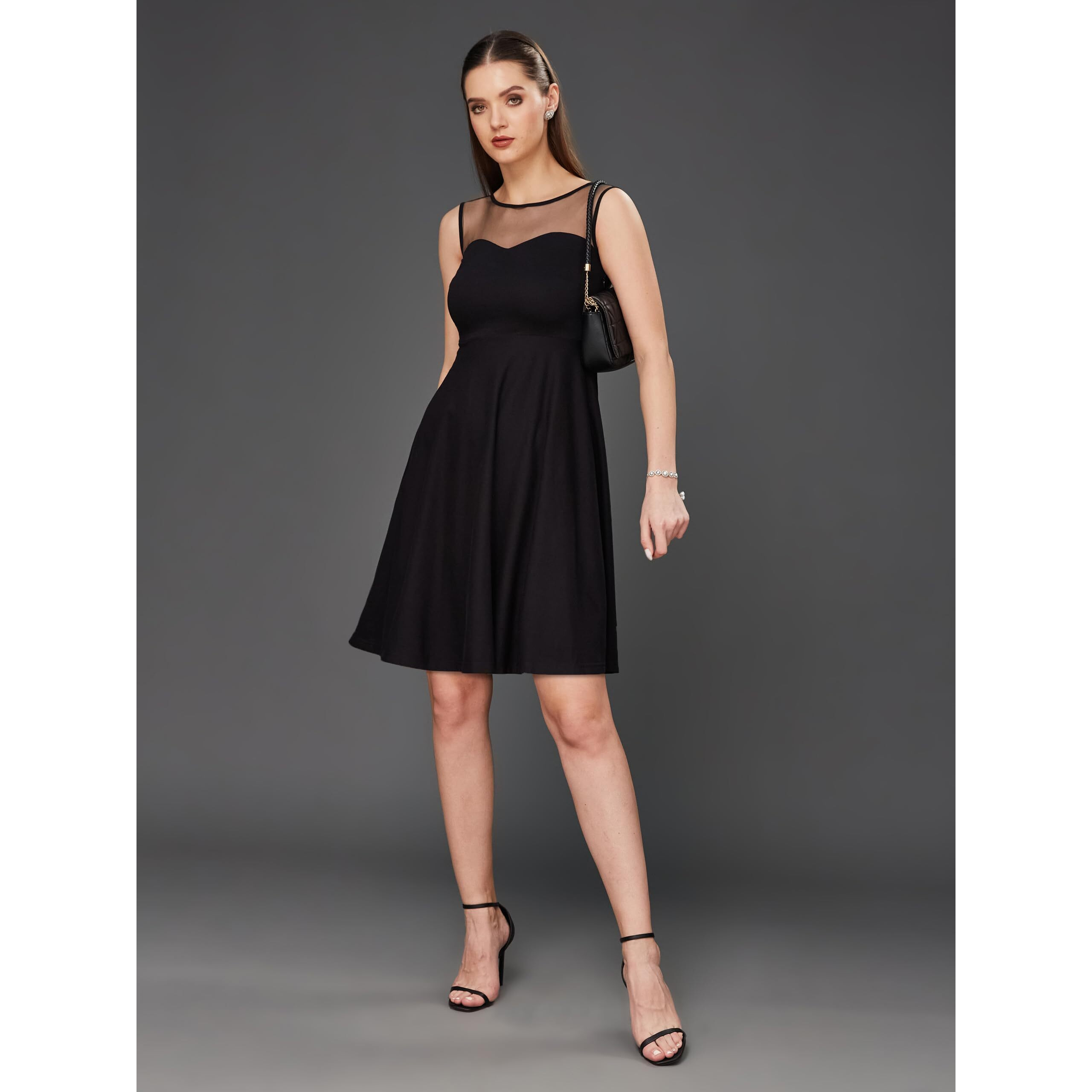Miss Chase Women's Round Neck Sleeveless Back Cut Out Bow Mini Skater Dress (Mcss25D93-21-380-05, Jet Black, L)