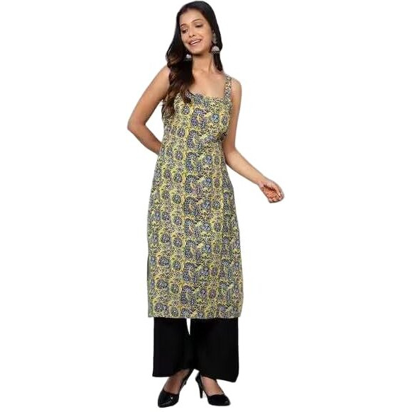 Patlani Women's Cotton Blened Sleeveless Printed Full Stitched Kurti.(K-199) Yellow