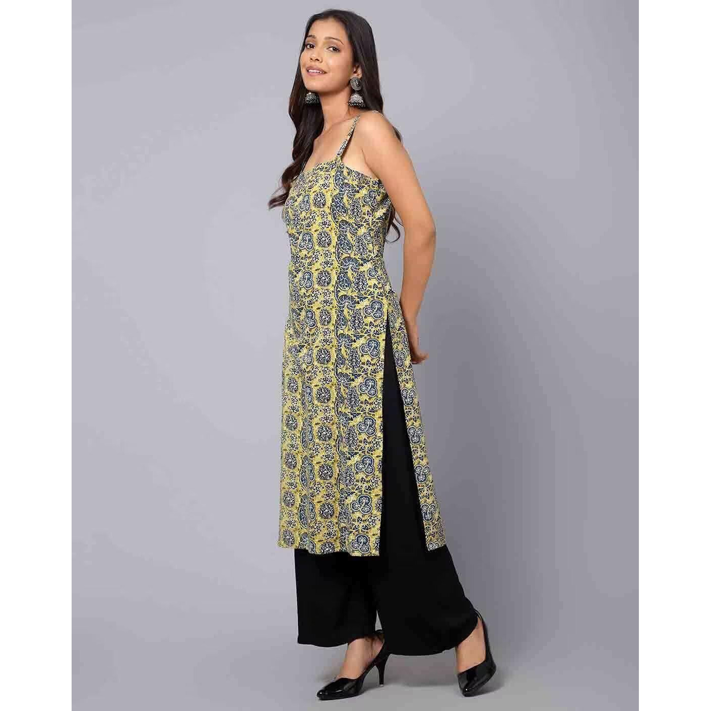 Patlani Women's Cotton Blened Sleeveless Printed Full Stitched Kurti.(K-199) Yellow