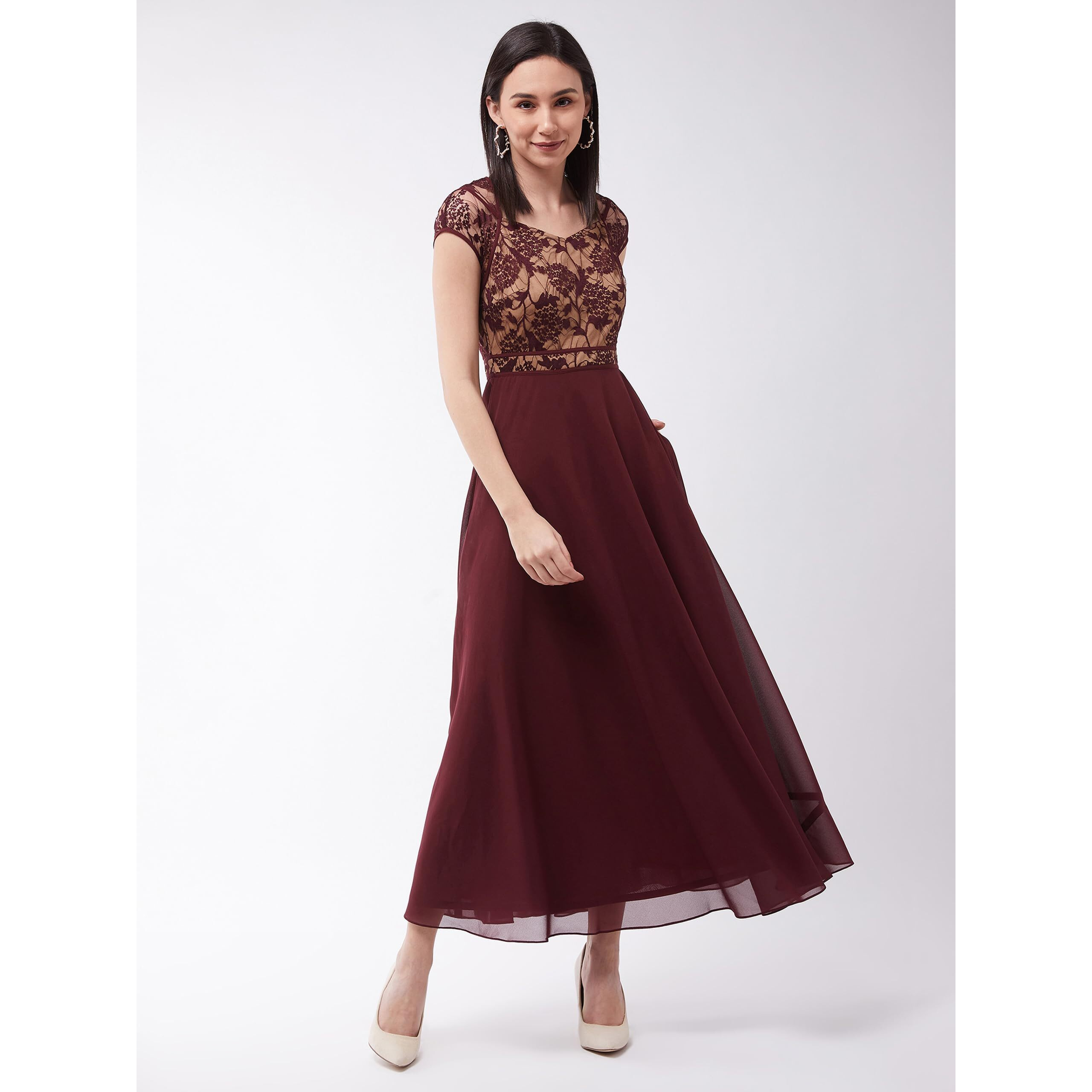 Miss Chase Women's Wine & Beige Floral V - Neck Cap Short Sleeves Lace Overlaid Fit & Flare Paneled Maxi Dress (Mcss21D06-11-603-07, Wine & Beige, Xxl)