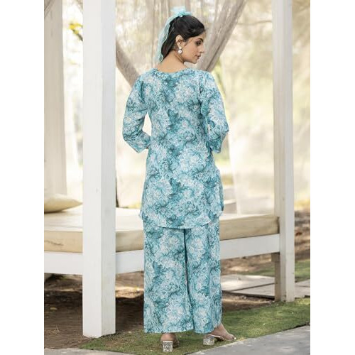 Pinkmint Women's Pure Cotton Co Ord Set L Flower Printed Co Ord Set L Stylish Pocket & 3/4 Sleeve Women Co-Ord Set