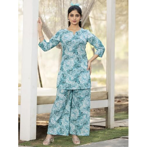 Pinkmint Women's Pure Cotton Co Ord Set L Flower Printed Co Ord Set L Stylish Pocket & 3/4 Sleeve Women Co-Ord Set