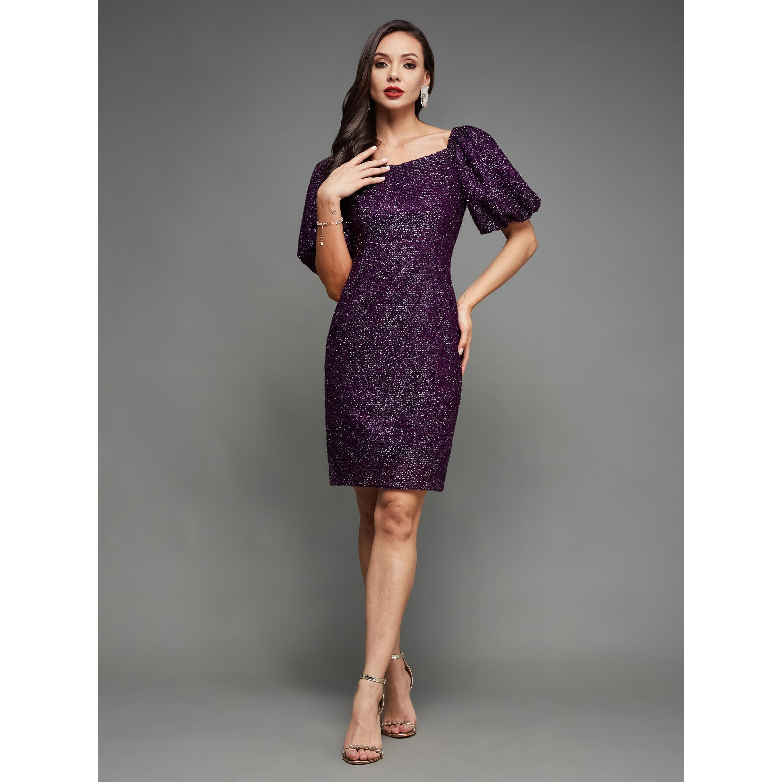 Miss Chase Women's Square Neck Half Sleeve Self Design Bodycon Mini Polyester Dress (Mcss23D98-55-289-06, Dark Purple, Xl)