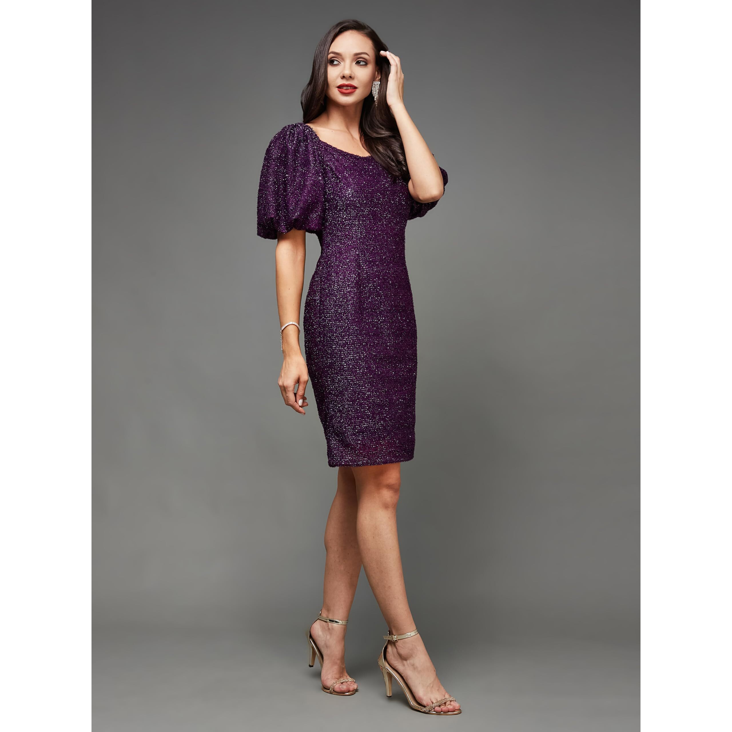 Miss Chase Women's Square Neck Half Sleeve Self Design Bodycon Mini Polyester Dress (Mcss23D98-55-289-06, Dark Purple, Xl)
