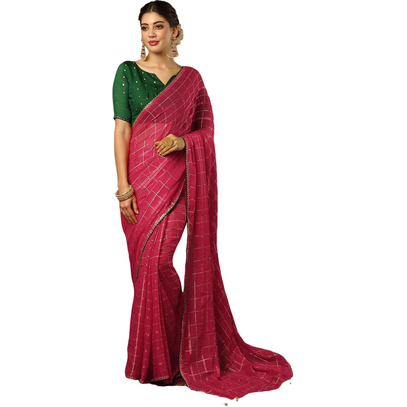 Satrani Women's Georgette Zari Weaving Lace Work Saree With Unstitched Blouse Piece (4319S277N_Dark Pink)