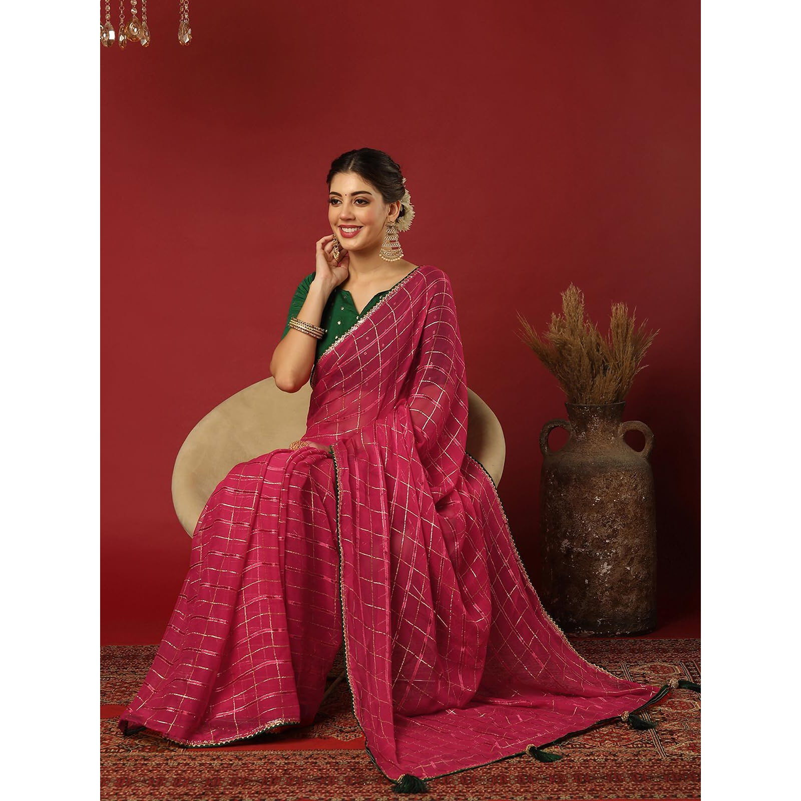 Satrani Women's Georgette Zari Weaving Lace Work Saree With Unstitched Blouse Piece (4319S277N_Dark Pink)