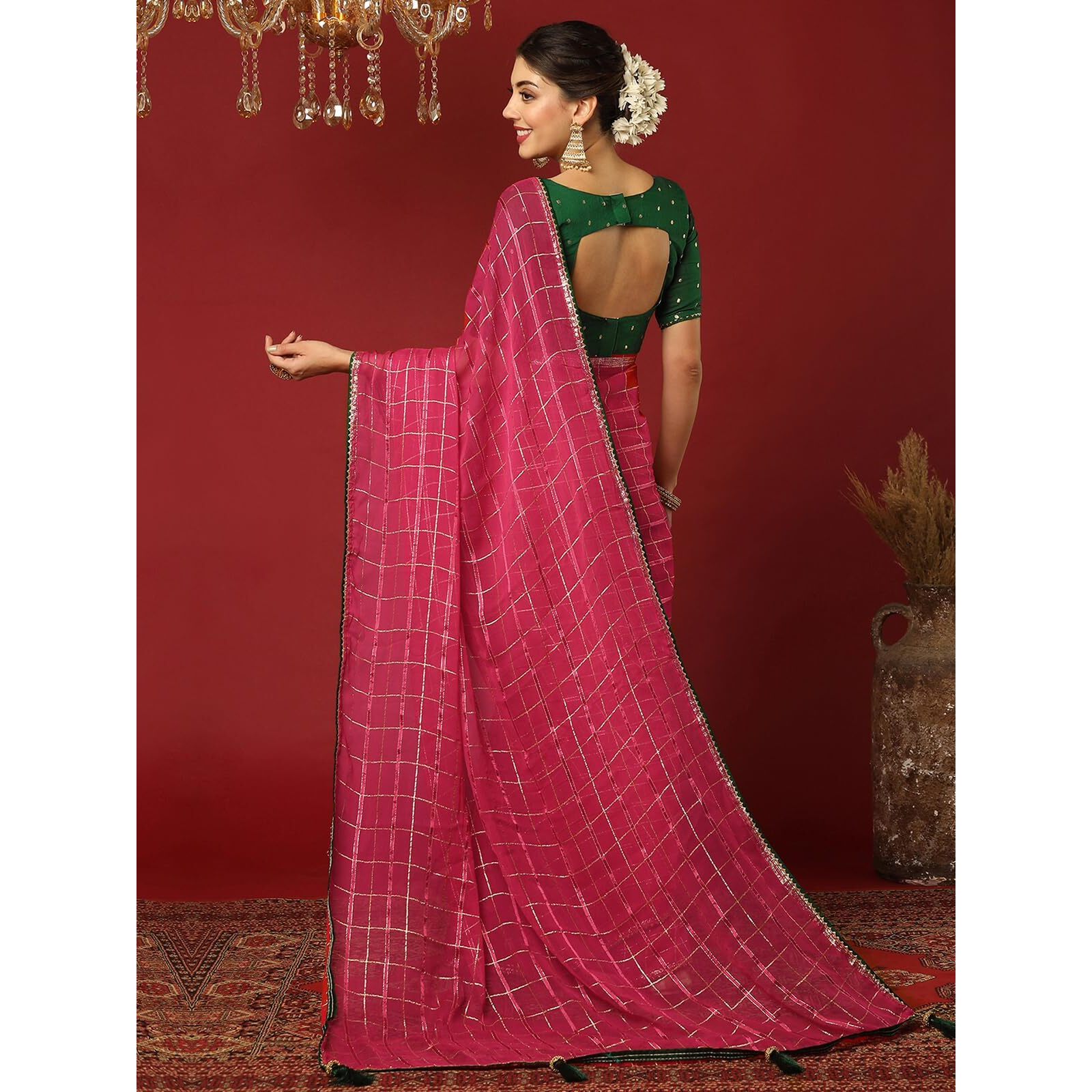 Satrani Women's Georgette Zari Weaving Lace Work Saree With Unstitched Blouse Piece (4319S277N_Dark Pink)