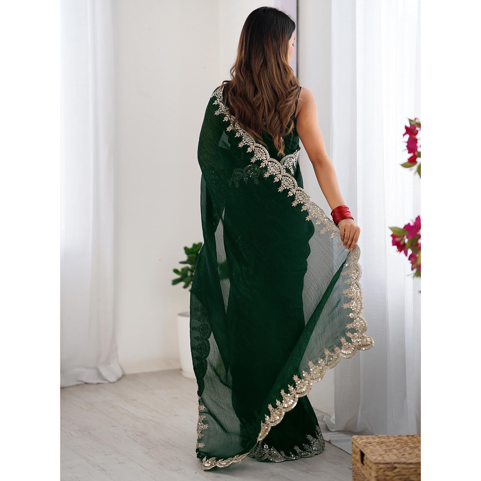 Satrani Women's Shimmer Chiffon Sequence Embroidery Border Jimmy Choo Saree With Unstitched Blouse Piece (4282S6771N_Dark Green)