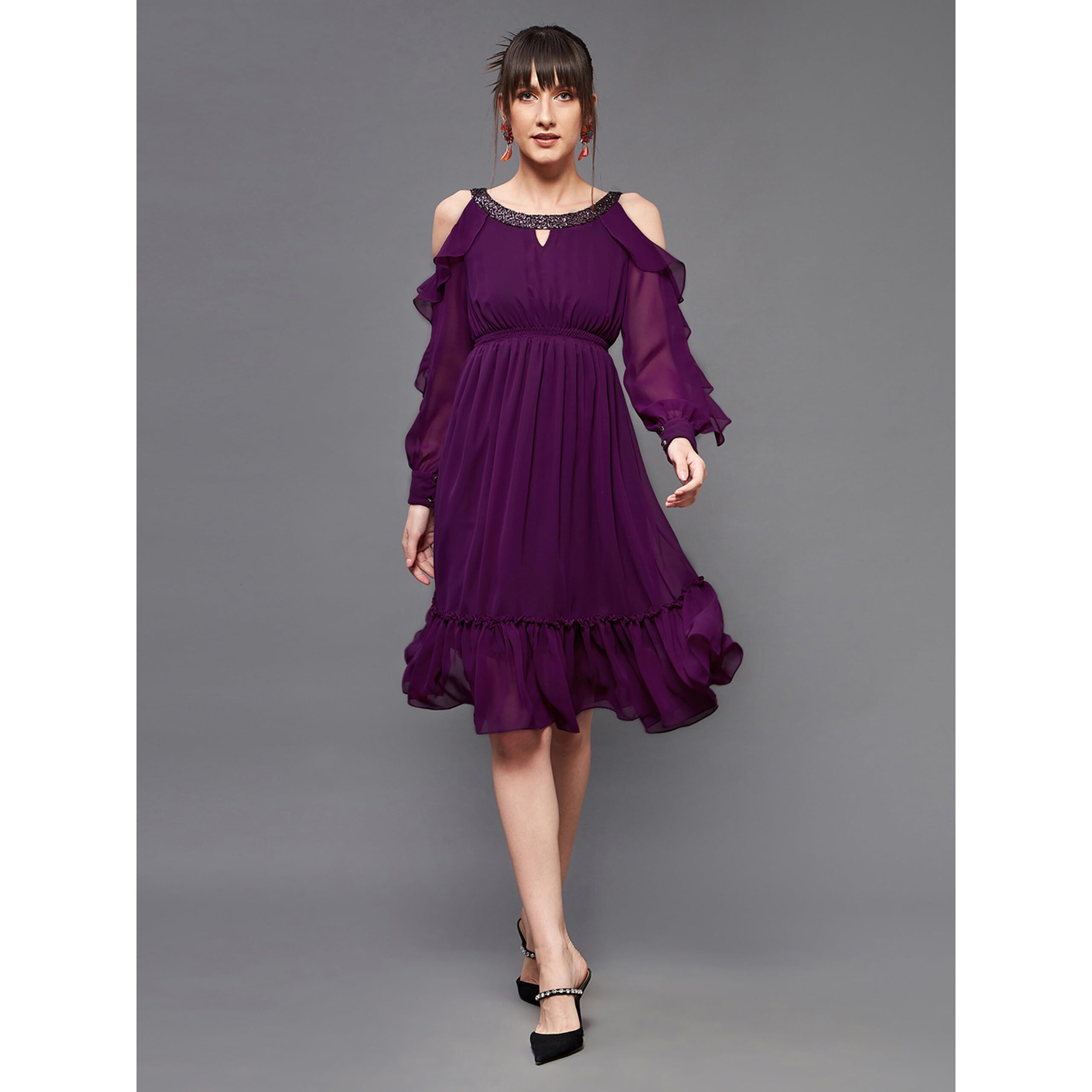 Miss Chase Women's Solid Round Neck Full Sleeves Polyester Ruffled Knee Length Dress With Pockets (Mcss22D16-15-289-03, Dark Purple, S)