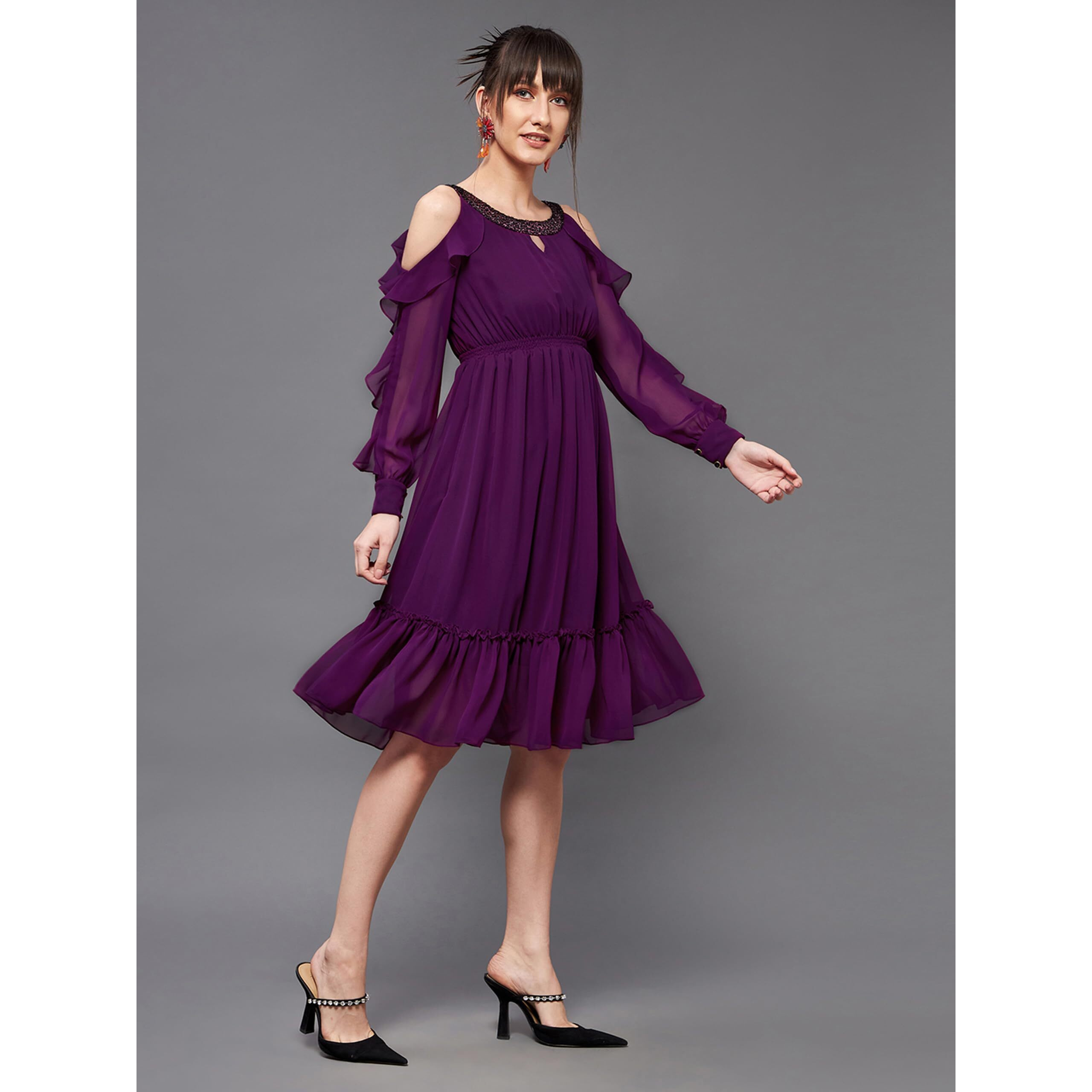 Miss Chase Women's Solid Round Neck Full Sleeves Polyester Ruffled Knee Length Dress With Pockets (Mcss22D16-15-289-03, Dark Purple, S)