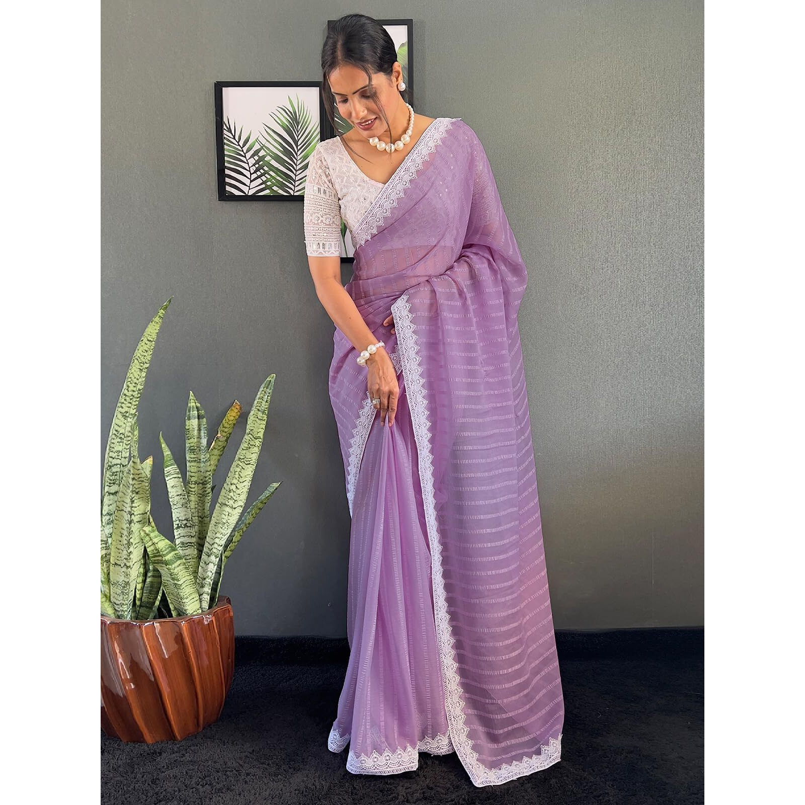 Satrani Women's Chiffon Lace & Self Woved Stripe Saree With Unstitched Blouse Piece (4167S182N_Light Purple)