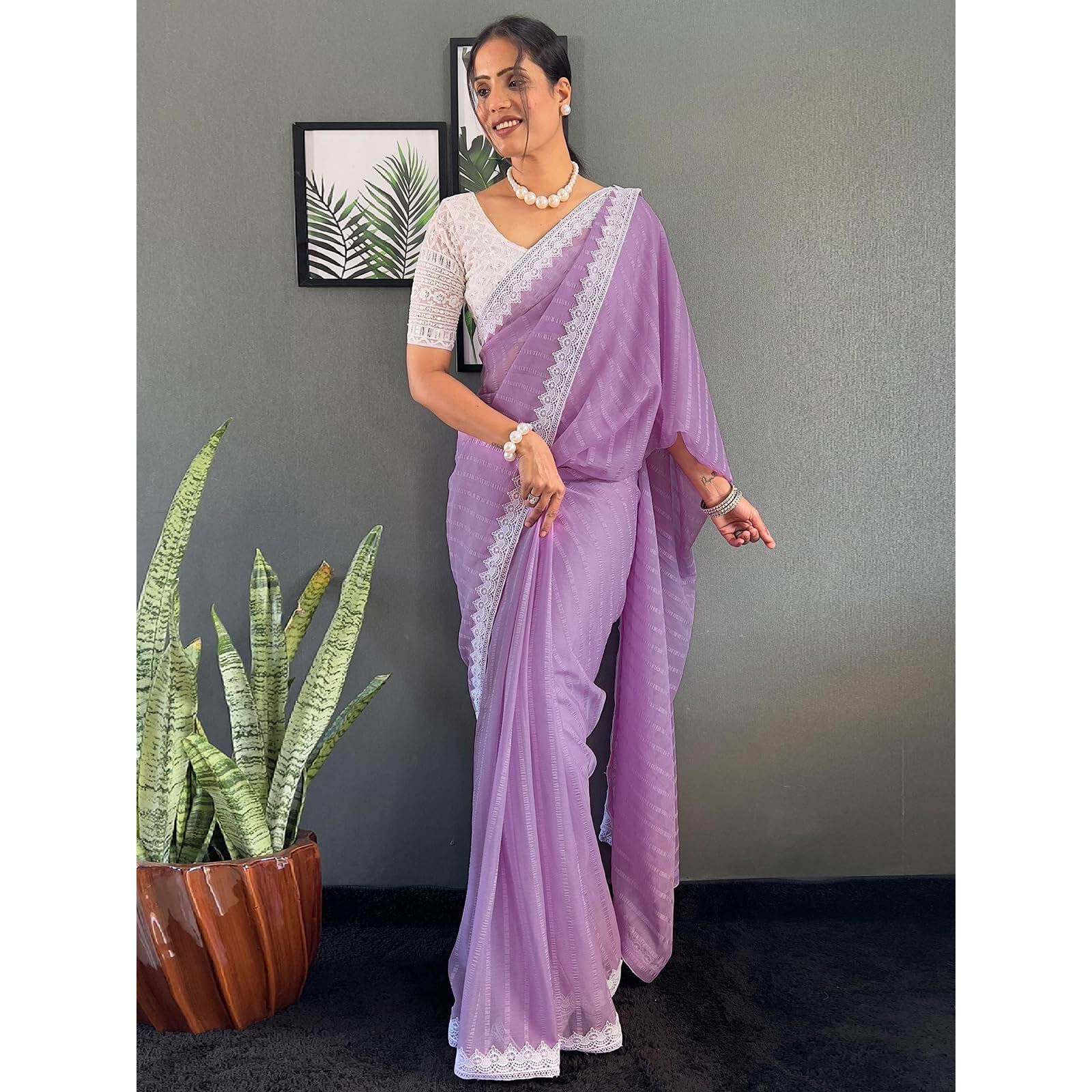 Satrani Women's Chiffon Lace & Self Woved Stripe Saree With Unstitched Blouse Piece (4167S182N_Light Purple)