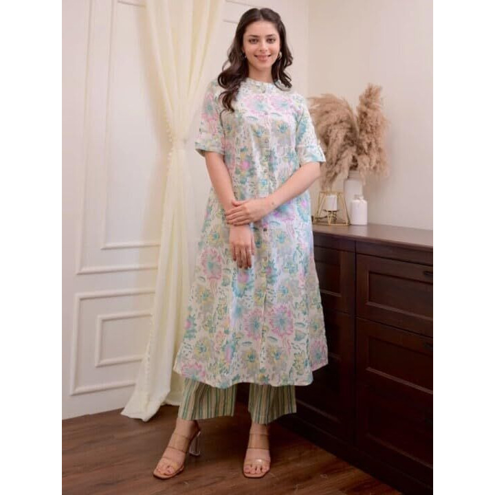 Shiv Textiles Women's Cotton Printed A-Line Kurta With Pant Set | Kurta Sets For Women | Comfortable & Stylish.(Kp-301-Offwhite-3Xl)