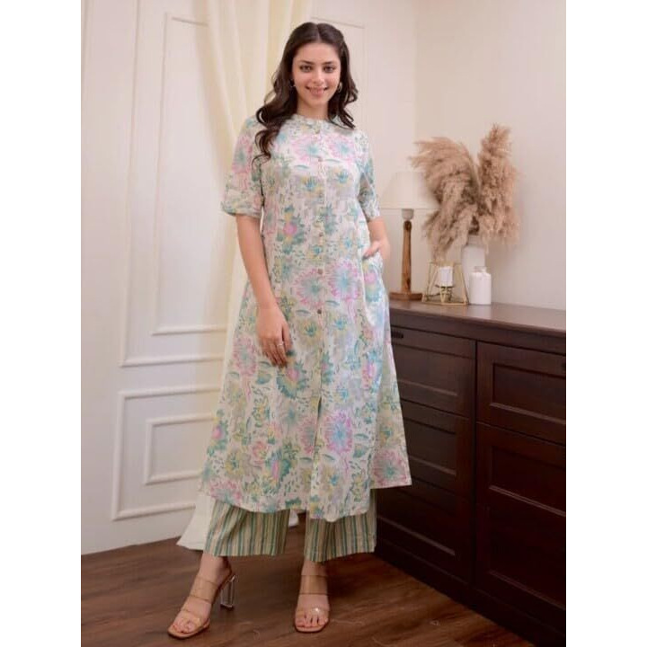 Shiv Textiles Women's Cotton Printed A-Line Kurta With Pant Set | Kurta Sets For Women | Comfortable & Stylish.(Kp-301-Offwhite-3Xl)