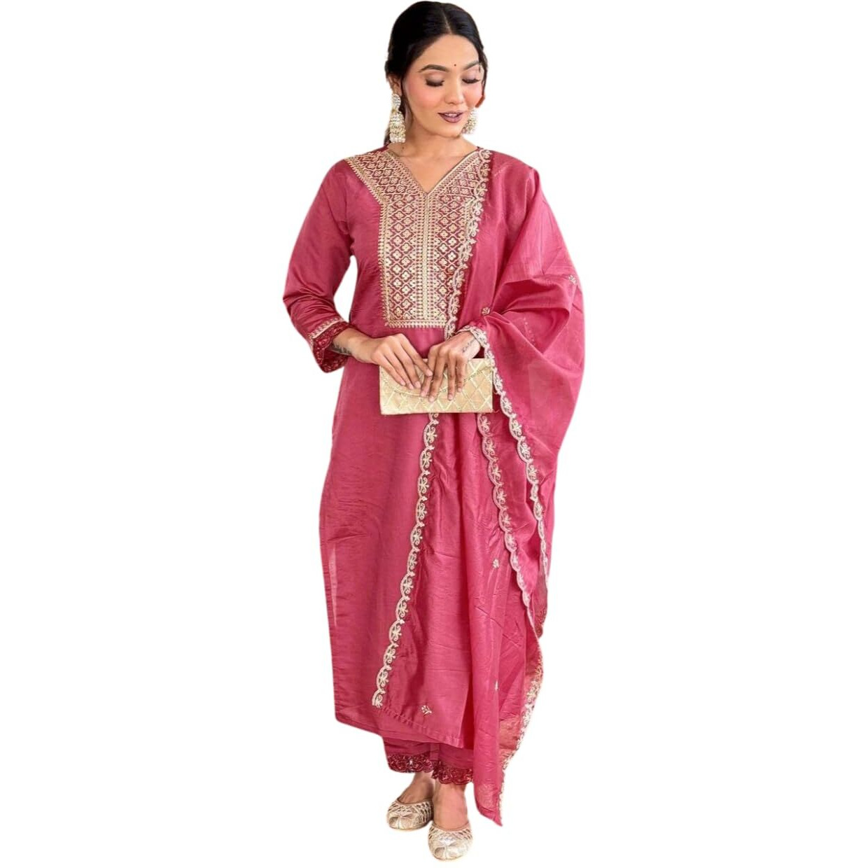 Shiv Textiles Women's Chanderi Silk Embroidered Kurta Pant Dupatta Set(Jda-Madhavi-Pink-Xxl)