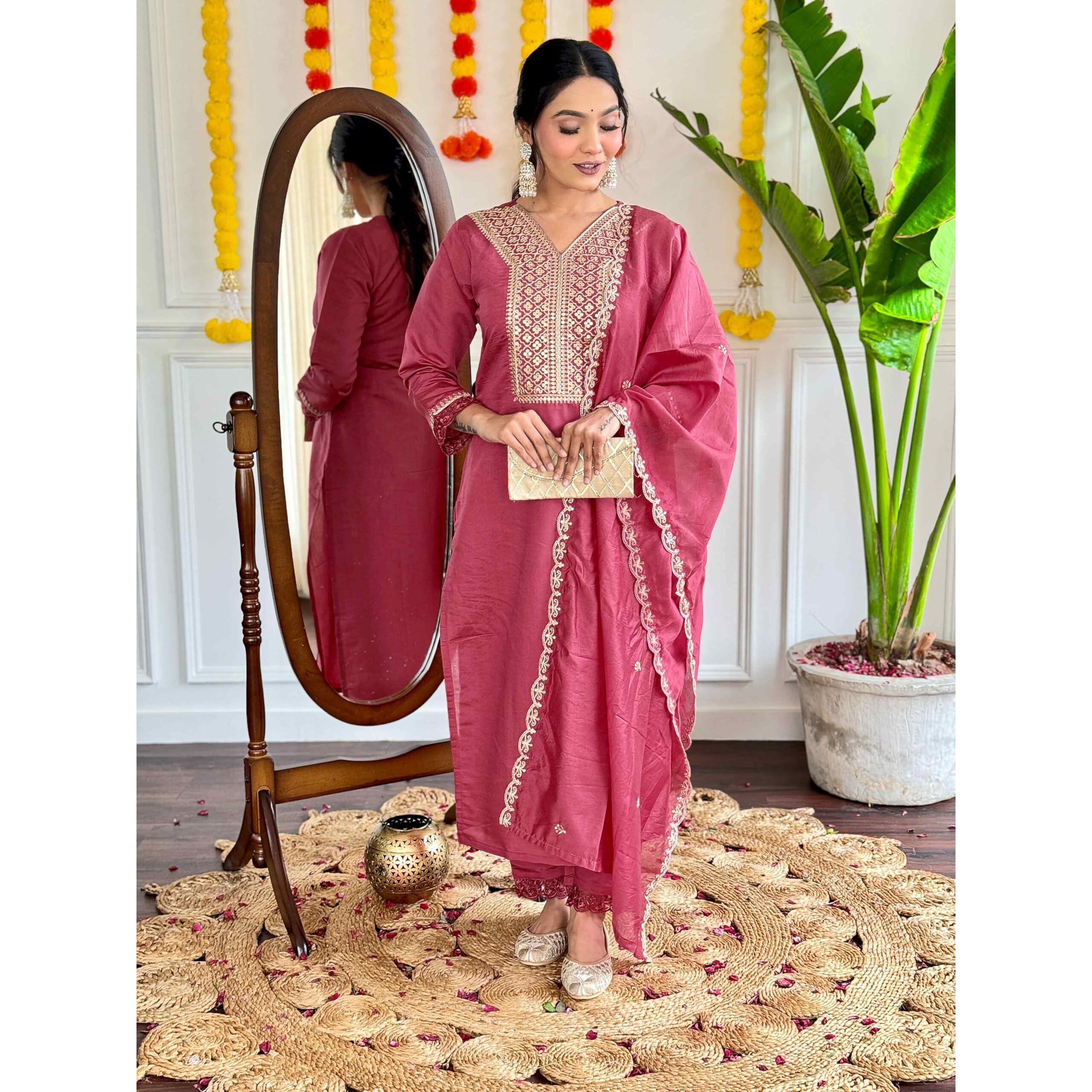 Shiv Textiles Women's Chanderi Silk Embroidered Kurta Pant Dupatta Set(Jda-Madhavi-Pink-Xxl)